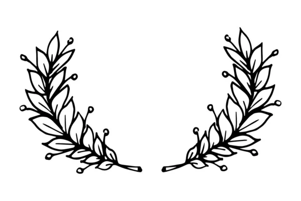 栄光と勝利の象徴として2つの月桂樹の枝 白の背景に隔離された手描きスタイルで黒い輪郭線とベクトルイラスト — ストックベクタ