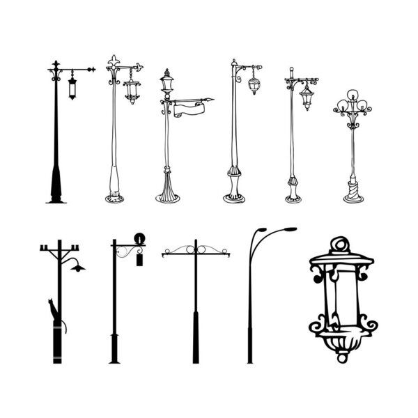 set of silhouettes and outlines of street lamp posts vector illustration with black contour lines isolated on white background in hand drawn style