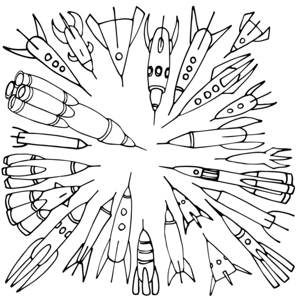 Ensemble Fusées Spatiales Forme Cercle Lignes Contour Noires Illustration Vectorielle — Image vectorielle