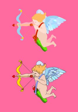 Kanatlarda uçan yay, aşkın sembolü, Sevgililer Günü kartpostalları için süsleme, pembe arkaplan üzerindeki pembe çizgi film & klip sanat tarzında siyah çizgili renk vektör ilüstrasyonları