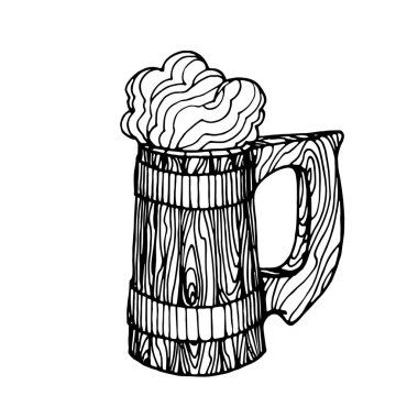 Eski ahşap bira kupası ya da köpüklü bira, Aziz Patrick Günü 'nün sembolü, beyaz arka planda izole edilmiş siyah çizgili vektör çizgileri ve el çizimi tarzı.