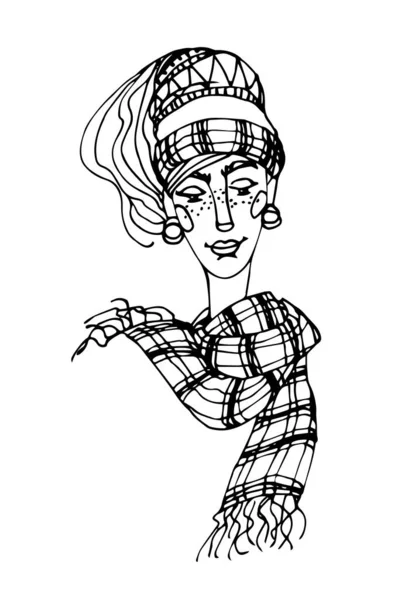 可爱的金发姑娘 戴着斯堪的纳维亚国家帽 戴着几何图形和格子花围巾 矢量插图 带有黑色等高线 白色背景 手绘风格 — 图库矢量图片