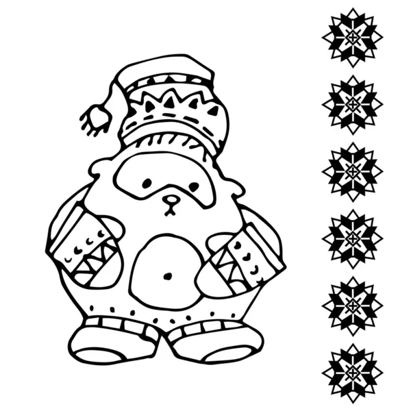 玩具可爱的泰迪熊在国家斯堪的纳维亚帽子和手套与传统的雪花图案 矢量插图与黑色等高线孤立在白色背景手绘风格 — 图库矢量图片