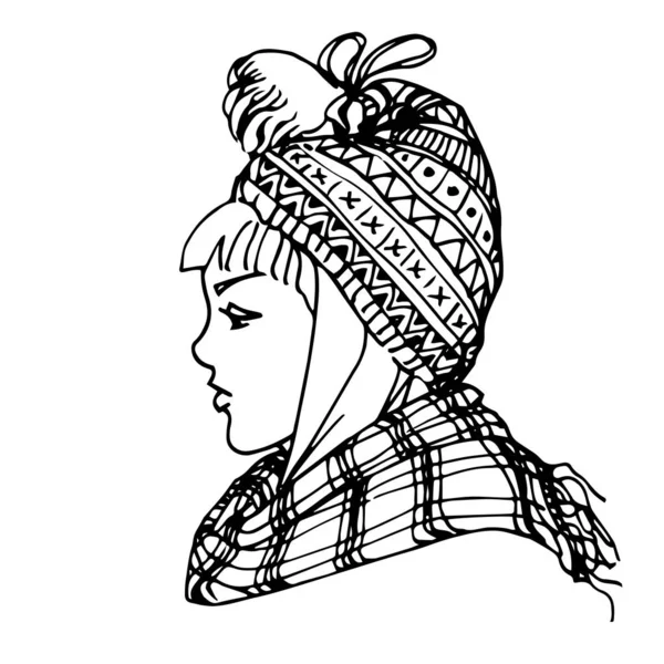 Head Cute Blonde Girl National Scandinavian Knitted Hat Pattern Plaid — 스톡 벡터