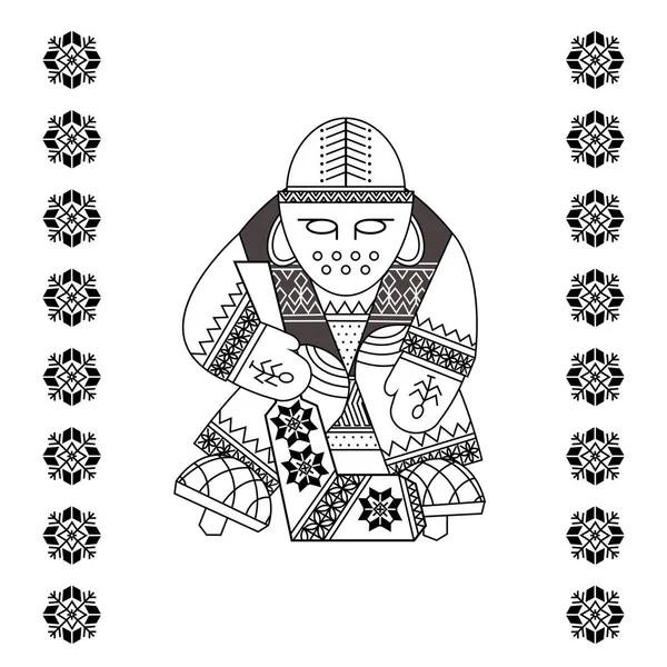 冰球守门员作为传统北方服装保护的象征 其国家雪片图案为面具 黑线在白色背景上与斯堪的纳维亚风格隔离 — 图库矢量图片