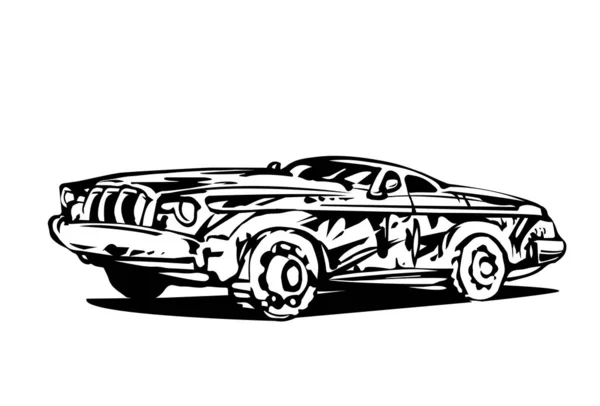 Vecchio Sporco Arrugginito Potente Sport Auto Vettore Illustrazione Inchiostro Nero — Vettoriale Stock
