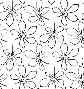 Kestane ağacı yapraklarından, mürekkepten ve çizgilerden oluşan, el çizimi tarzında beyaz arkaplanda izole siyah beyaz ve beyaz desenli, dikişsiz desenler.