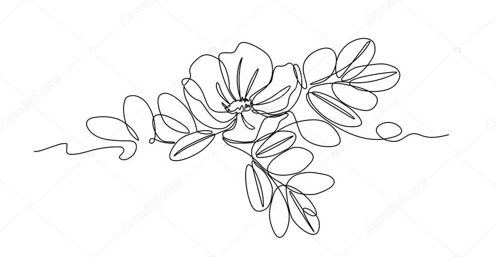 flower of wild rose with leaves, element of thorny bush for decoration, postcards, ornament, pattern, logo or emblem, vector illustration with black single contour line isolated on white background in hand drawn & doodle style