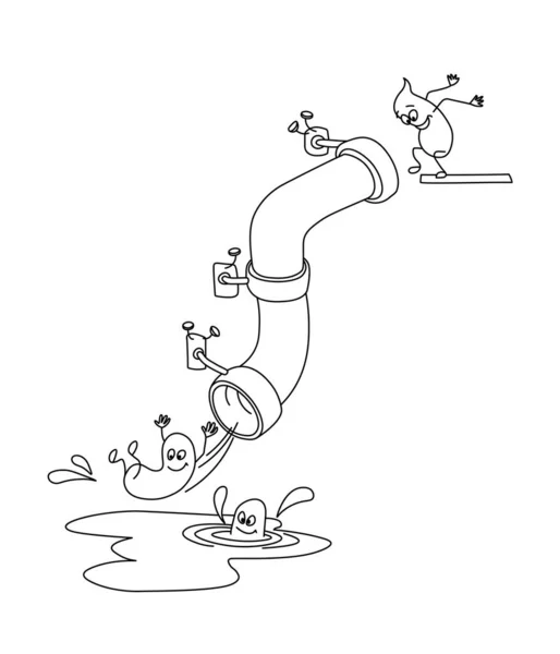 cute poops having fun and sliding down a sewer pipe, water slide conception, funny caricature,  vector illustration with black contour lines isolated on white background in hand drawn & cartoon style