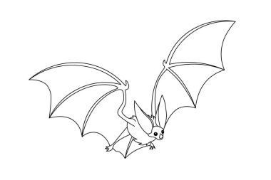 cute flying long-eared bat, bloodsucker, symbol of vampire, midnight & halloween holiday, witches` pet, vector illustration with black contour line isolated on white background in cartoon & hand drawn style