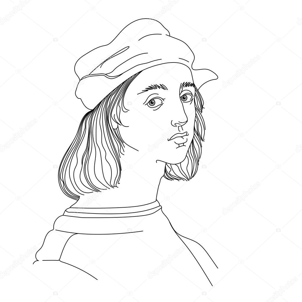 self portrait of a young Italian Renaissance artist & architect Raphael Santi in a cap, vector illustration with black contour lines isolated on white background in hand drawn style