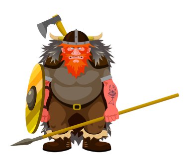 Kuzey İskandinav korkunç savaşçısı, kurt derisi pelerinli Viking, kırmızı saçlı deri zırh ve boynuzlu başlık, ahşap kalkan, savaş baltası ve direği, beyaz arka planda izole edilmiş renk vektör çizimi & düz stil