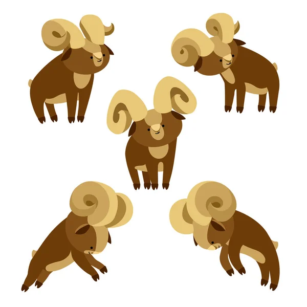 Set Young Brown Horned Argali Males Simple Cute Character Decorative — 스톡 벡터