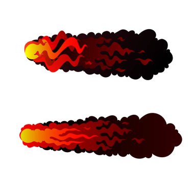set of abstract red fireballs, meteors with tongues of flames, cosmic celestial body, projectiles with black clouds of smoke, color vector illustration isolated on a white background in cartoon, flat & hand drawn style.