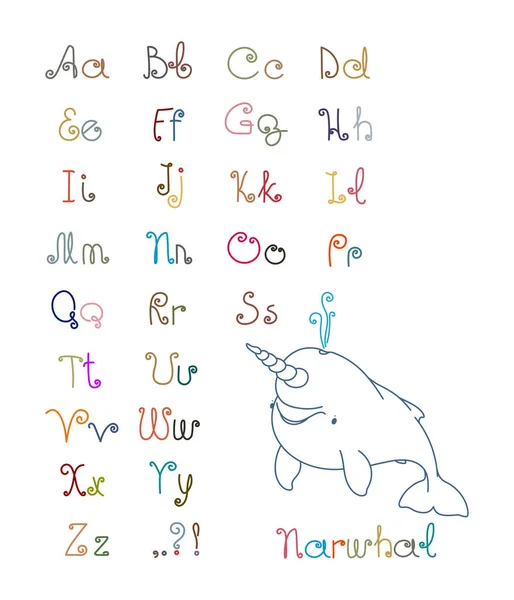 Simple Font Curls Kids Alphabet Letters Word Narwhal Example Funny — Stock Vector