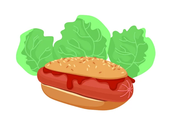 Cachorro Quente Com Folhas Salada Ketchup Vermelho Gergelim Fast Food —  Vetores de Stock