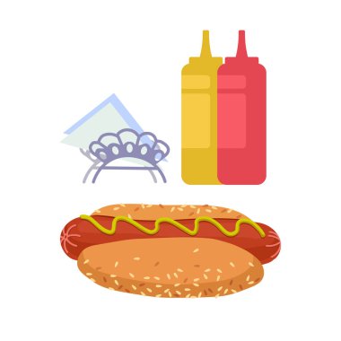Kırmızı ketçaplı, hardallı, susamlı ve peçeteli hot dog, logo, poster, menü dekorasyonu için Amerikan fast food, çizgi filmdeki beyaz arka planda izole edilmiş renk vektör çizimi, düz & el çizimi