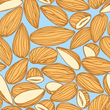 Mönü tasarımı, şekerlemeler, tekstil, renkli kontur çizgileri olan vektör illüstrasyonları için karalama & el çizimi tarzında mavi bir arkaplan üzerinde bir dizi badem sütlü çekirdeklerin soyut ve dikişsiz desenleri