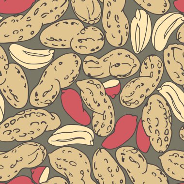 Fıstık ve kırmızı çekirdeklerin kusursuz desenleri, menü tasarımı veya şekerlemeler için, tekstil, vektör çizimleri ile renklendirilmiş çizgiler ve çizilmiş gri arkaplan