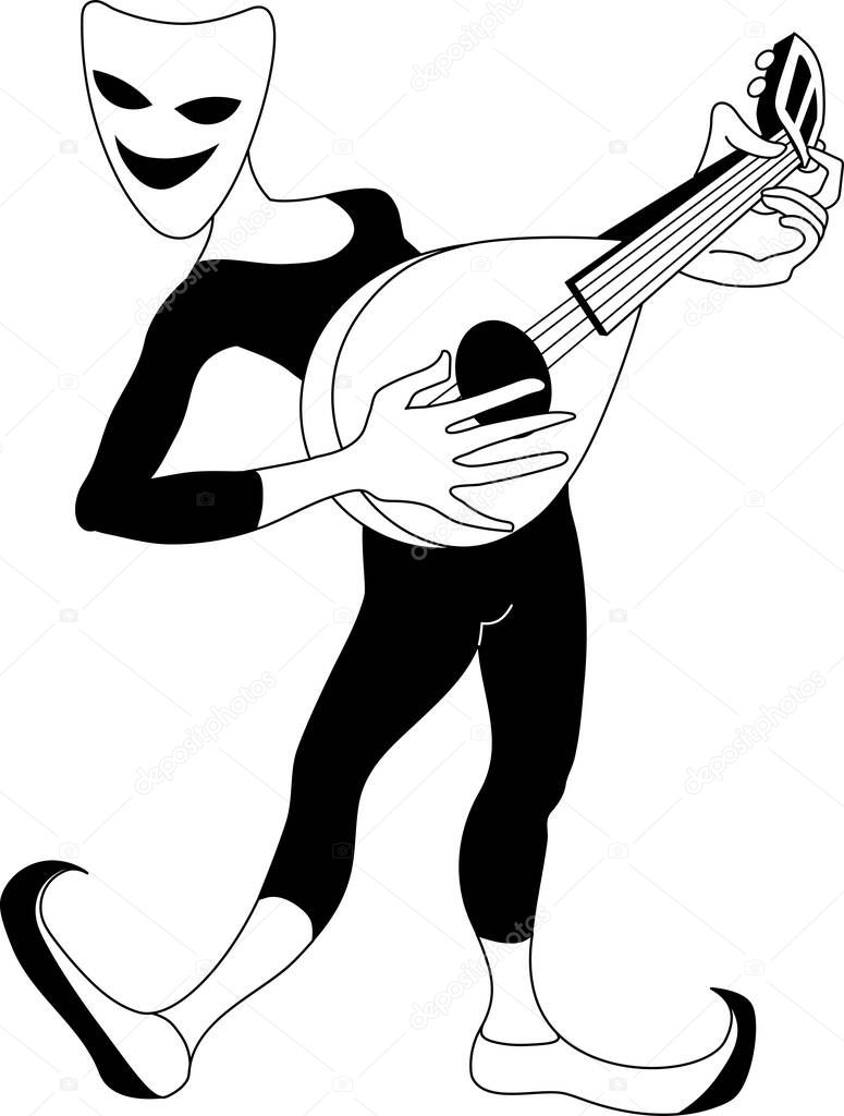 Dancing actor in tights & a theatrical mask of comedy. A bard, a minstrel, plays a mandolin and sings a song. Vector illustration with black lines & silhouette isolated on a white background in cartoon, flat hand drawn style.