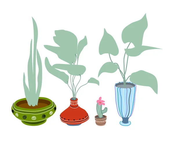 Jeu Plantes Maison Dans Des Pots Vases Céramique Modernes Avec — Image vectorielle