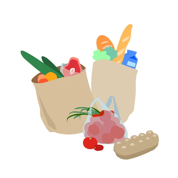 Papier Und Plastiktüten Mit Lebensmitteln Lebensmitteln Fleisch Gemüse Brot Tomaten — Stockvektor