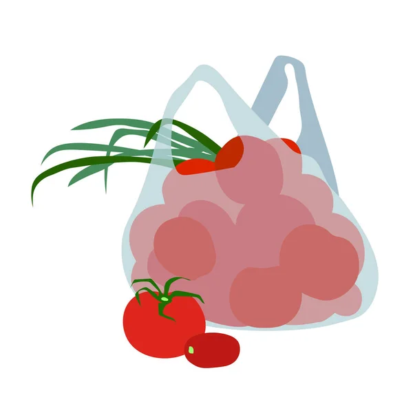 Transparent Plastic Bag Red Tomatoes Store Goods Packaging Delivery Color — Stock Vector