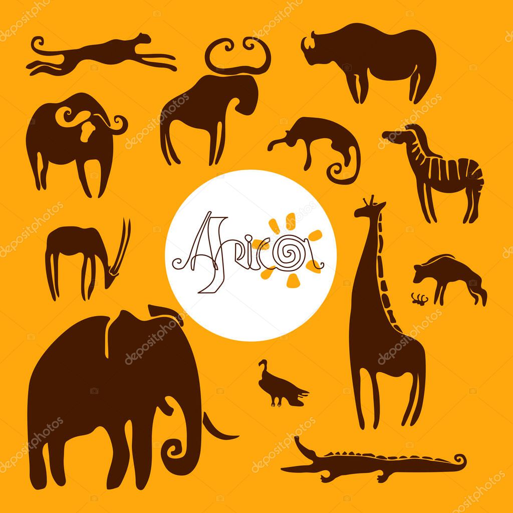 Africa, inscription, set of african animals, vulture, rhinoceros, cheetah, leopard, buffalo, oryx, elephant, giraffe, color vector illustration on yellow background, silhouettes in hand drawn style.