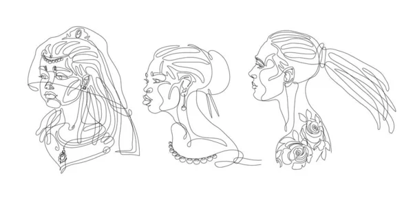 Set Cute Girls Heads Jewelry Tattoo Roses Beads Earrings Bride Stock Illustration