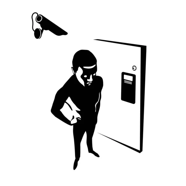邪悪な危険な男の黒いシルエット スパイ 犯罪者 家のドアの前で デジタルセキュリティカメラ 漫画の白い背景に隔離されたベクトルイラスト 手描きスタイル — ストックベクタ