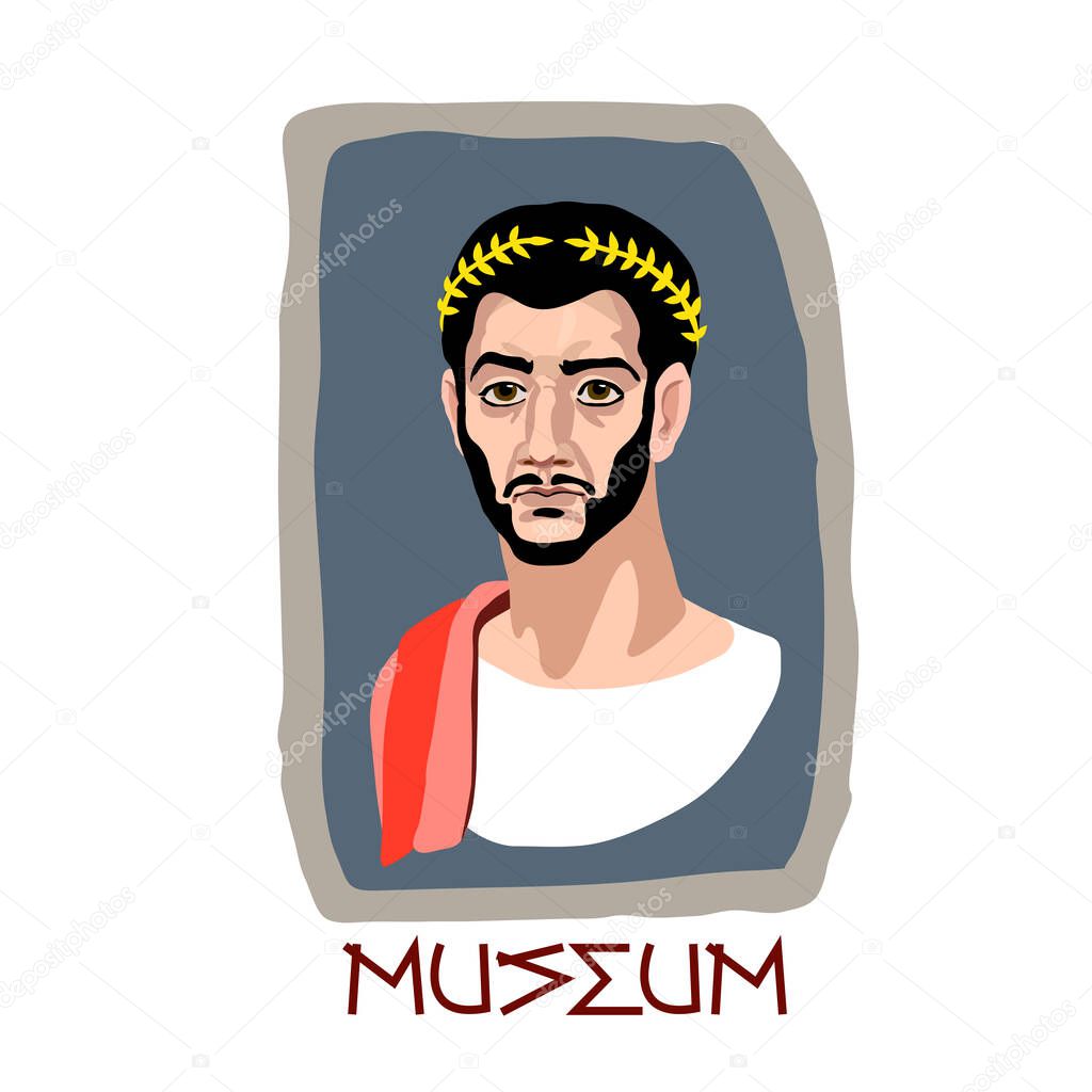 Fayum funeral portrait of an ancient Greek brunette man with a Golden Laurel wreath, an archaeological exhibit of the Museum, color vector illustration in cartoon, flat and hand drawn style, isolated on a white background 