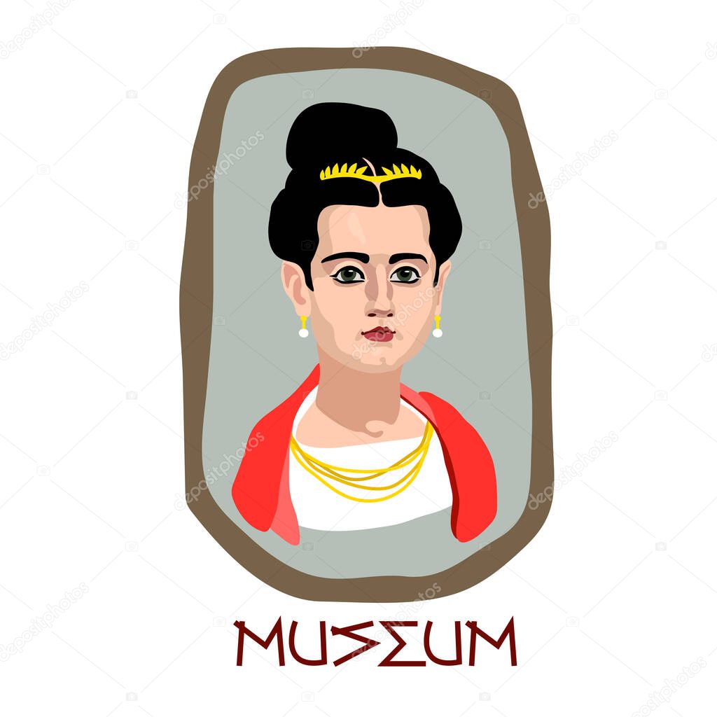 Fayum funeral portrait of a young cute brunette girl with gold jewelry, museum archaeological exhibit, color vector illustration in cartoon, flat & hand drawn style isolated on a white background