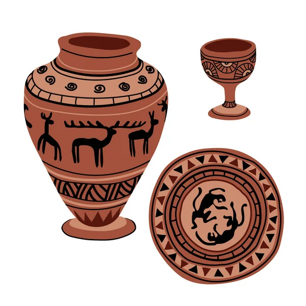 Sada Starobylé Keramiky Váza Miska Šálek Černou Ornament Jednoduchý Vzor — Stockový vektor