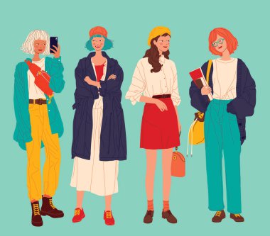 Çeşitli kadınlar arka planda, kadınlar farklı stilde.