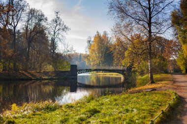Nehir ve köprü ile sonbahar park.
