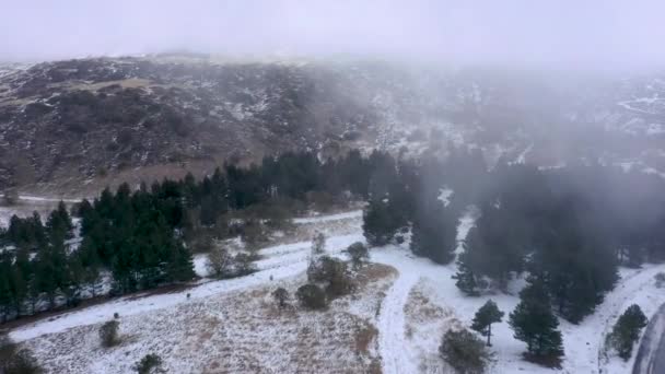 Drone Shot Van Verbazingwekkende Besneeuwde Mistige Landschap Bergen Luchtfoto — Stockvideo