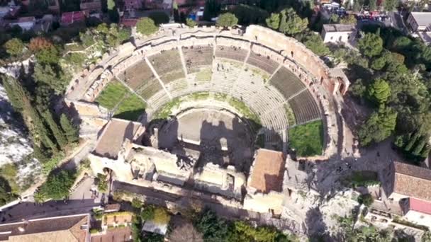 Letecký Záběr Řeckého Divadla Taormině Úžasný Pohled Dron — Stock video