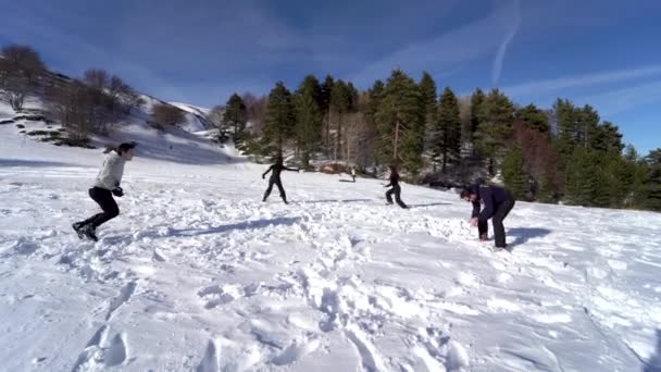 友人のグループは 雪の戦いをプレイ 雪の中で遊んでいる幸せな男 — ストック動画