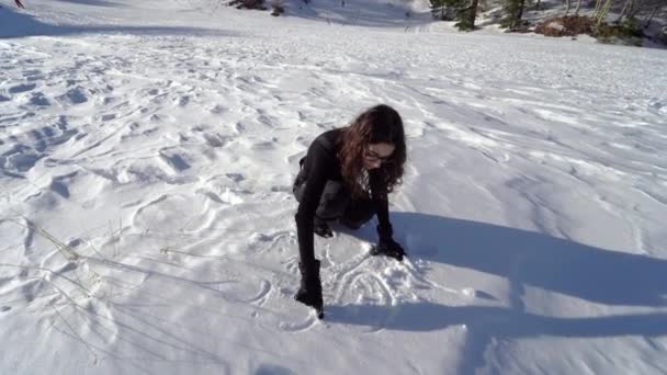 Young Woman Drawing Snow Her Hands Wide Angle View — Stock Video