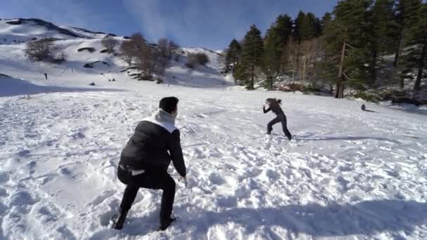 Young Couple Playing Snow — Stock Video