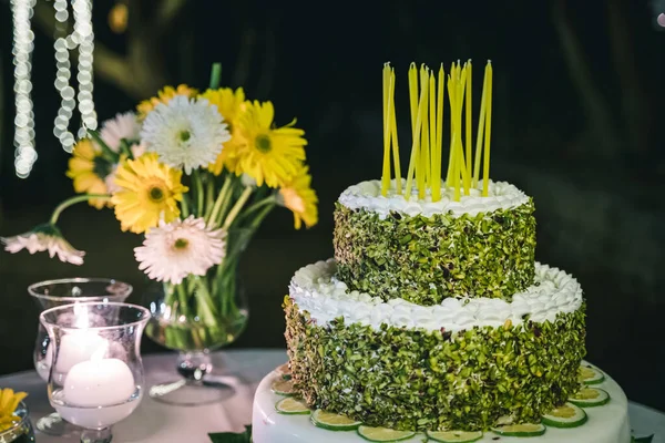 Cake Flores Cumpleaños Montones Luces —  Fotos de Stock