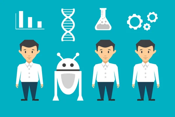 Биоинженеры с роботами и знаками — стоковый вектор