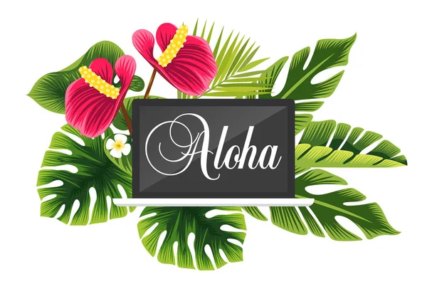 Mooie tropische plant en laptop. Aloha. — Stockvector