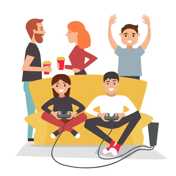 Home party. People play video games and have fun. — Stock Vector