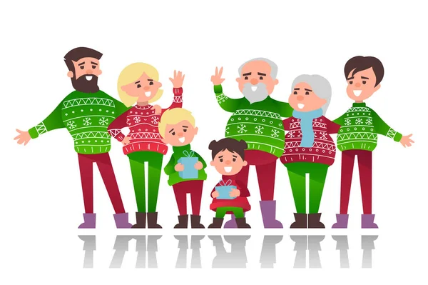 Weihnachtsbanner Mit Niedlichen Cartoon Figuren Der Familie Warmer Kleidung Mit — Stockvektor