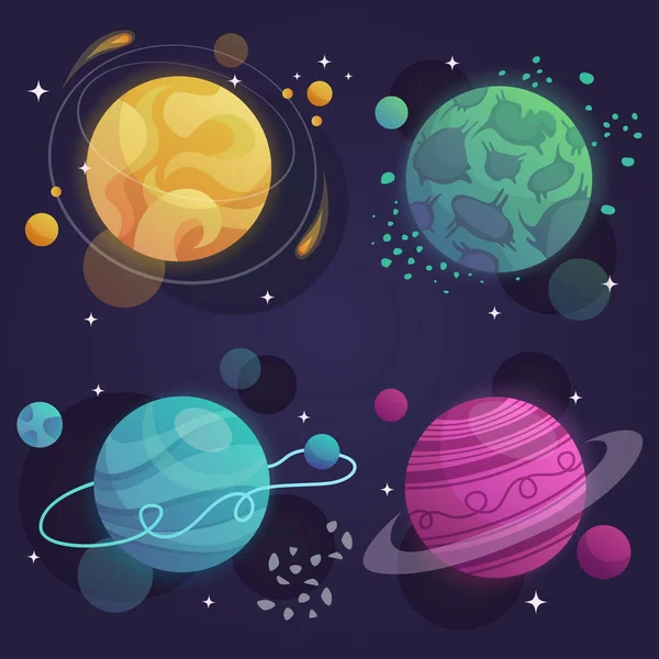 Ensemble Planètes Dessin Animé Dans Espace Vecteur Illustration — Image vectorielle
