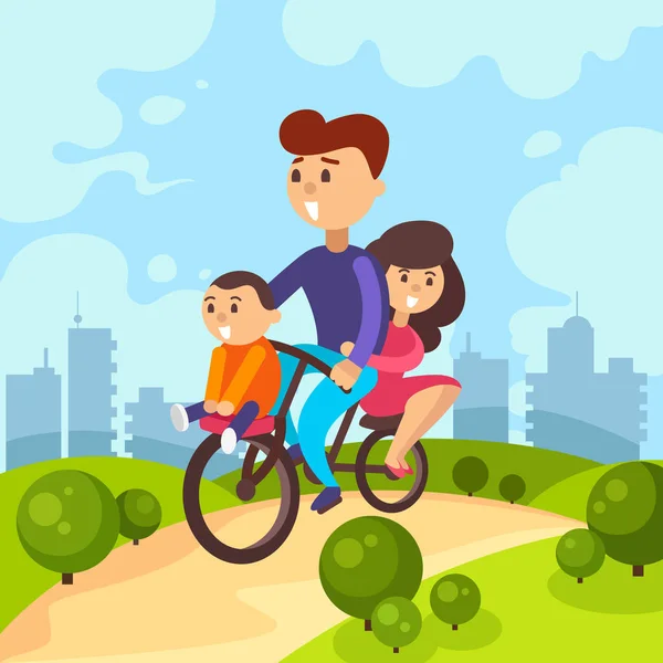 Οικογένεια Βόλτες Ένα Ποδήλατο Οικογενειακές Διακοπές Καρτούν Εικονογράφηση Φορέα — Διανυσματικό Αρχείο
