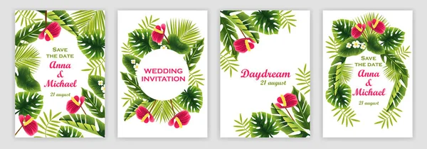 熱帯パターンで結婚式の招待状のテンプレートです 熱帯植物と花です ベクトル図 — ストックベクタ