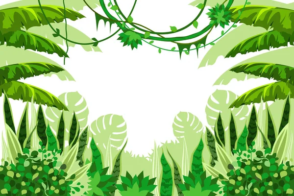 Floresta tropical com folhas, grama e videiras. Fundo da selva. ilustração de desenho animado vetorial. Quadro para banner, cartaz, página, capa . —  Vetores de Stock