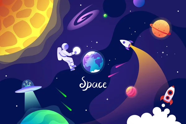 Ruimtebanner, planeten, astronaut, alien. Cartoon vector illustratie. Universum. — Stockvector